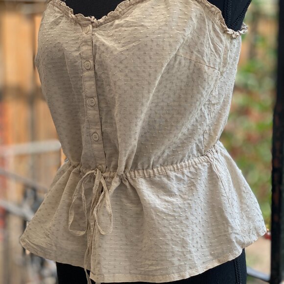 H&M Tie Waist Peplum Hem Front Button Beige Top - Picture 4 of 7